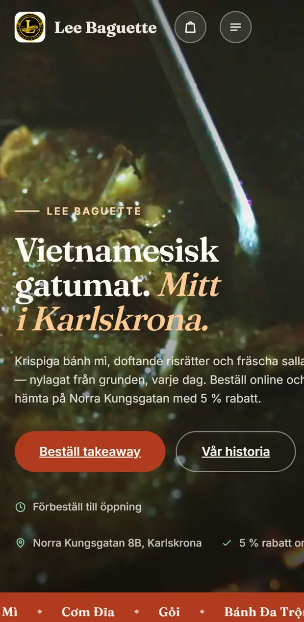 Startsidan på Lee Baguette i mobil – en beställningssajt byggd på Serveo.